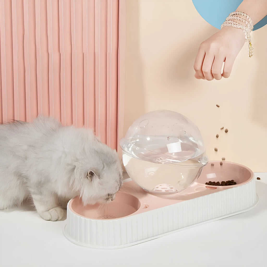 Automatic pet water feeder in pink, green, or grey with 1.5L water capacity and 300ml grain storage, 157*171mm