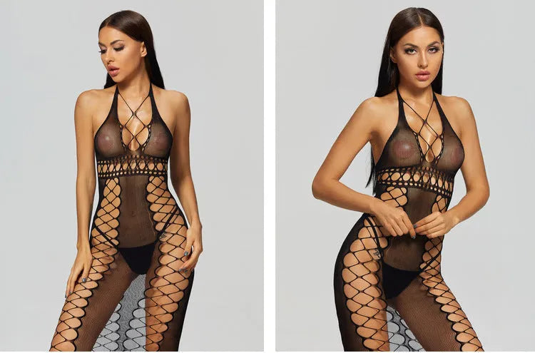 Women's black nylon bodystocking, one size, transparent mesh bodysuit with crotch tights