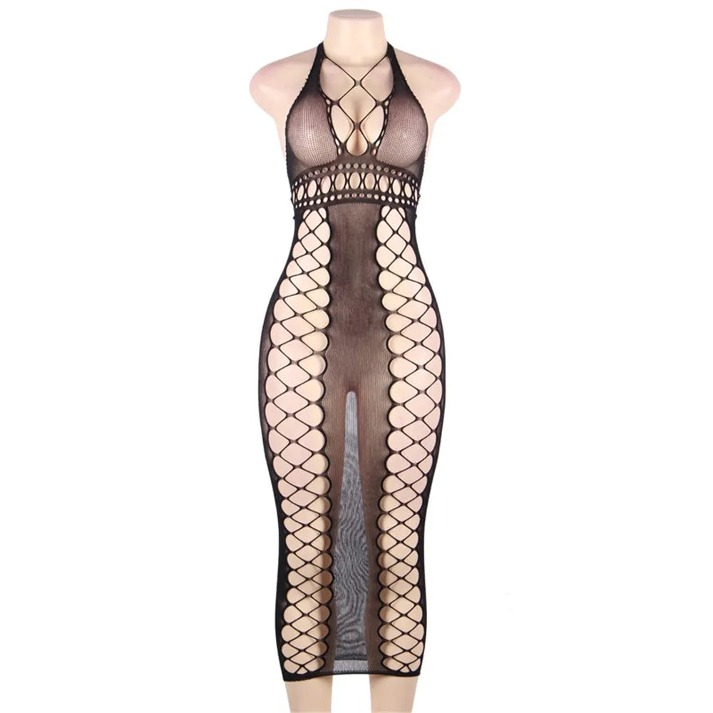 Women's black nylon bodystocking, one size, transparent mesh bodysuit with crotch tights