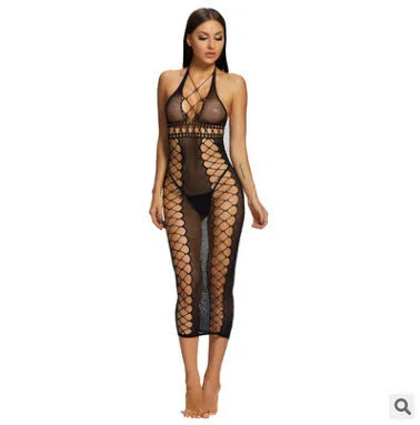 Women's black nylon bodystocking, one size, transparent mesh bodysuit with crotch tights
