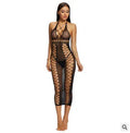 Women's black nylon bodystocking, one size, transparent mesh bodysuit with crotch tights