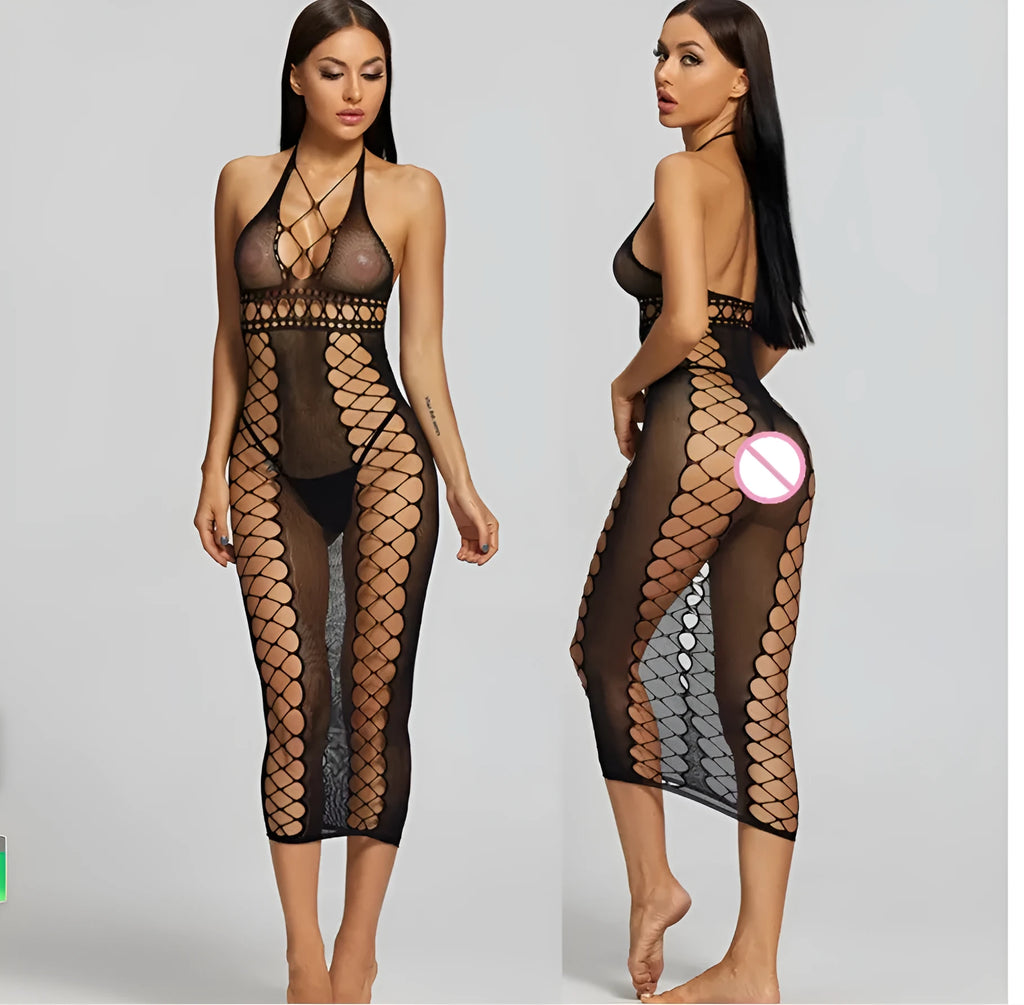 Women's black nylon bodystocking, one size, transparent mesh bodysuit with crotch tights
