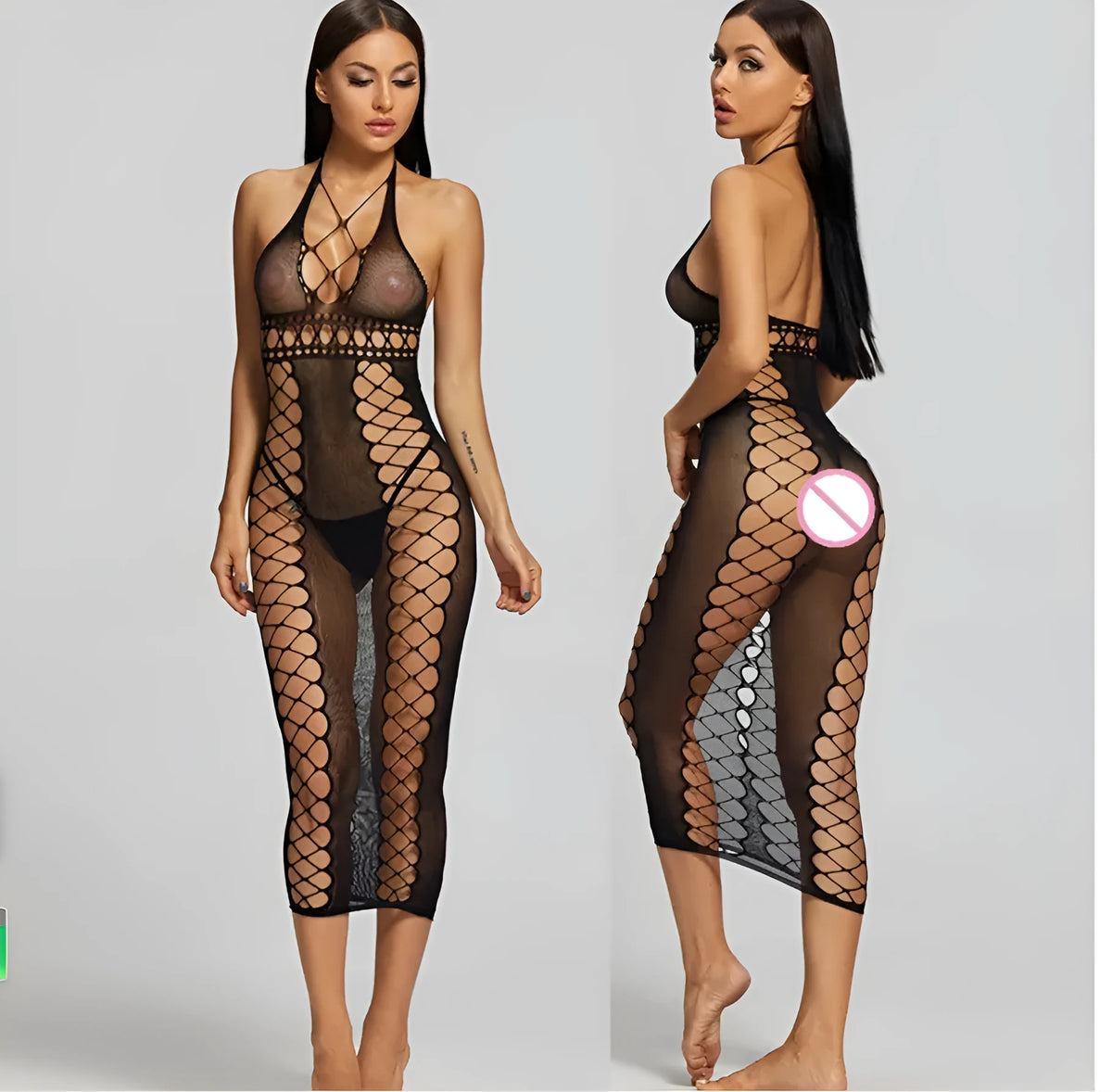 Women's black nylon bodystocking, one size, transparent mesh bodysuit with crotch tights