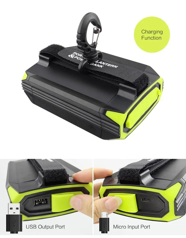 Green rechargeable LED camping light with aluminium alloy construction and power bank functionality