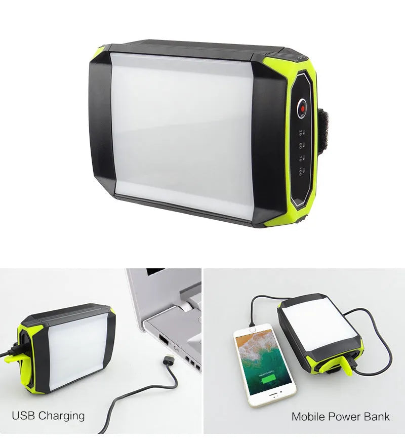 Green rechargeable LED camping light with aluminium alloy construction and power bank functionality