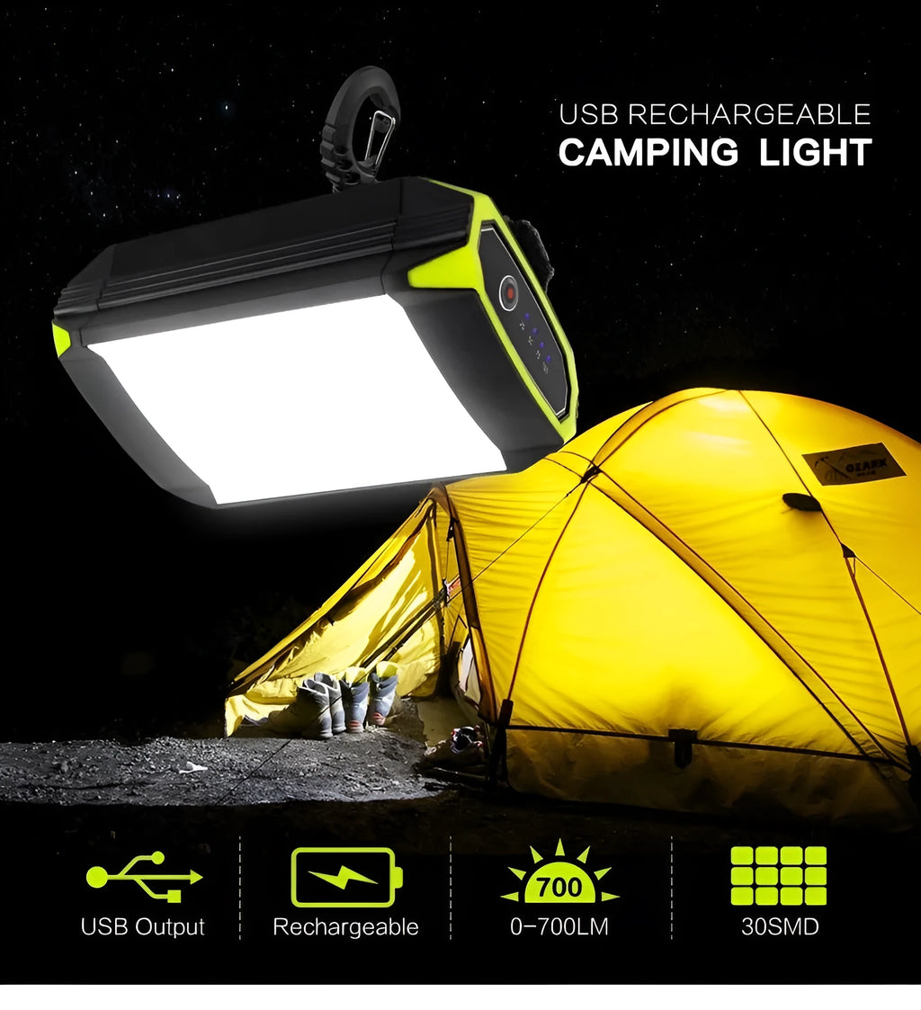 Green rechargeable LED camping light with aluminium alloy construction and power bank functionality