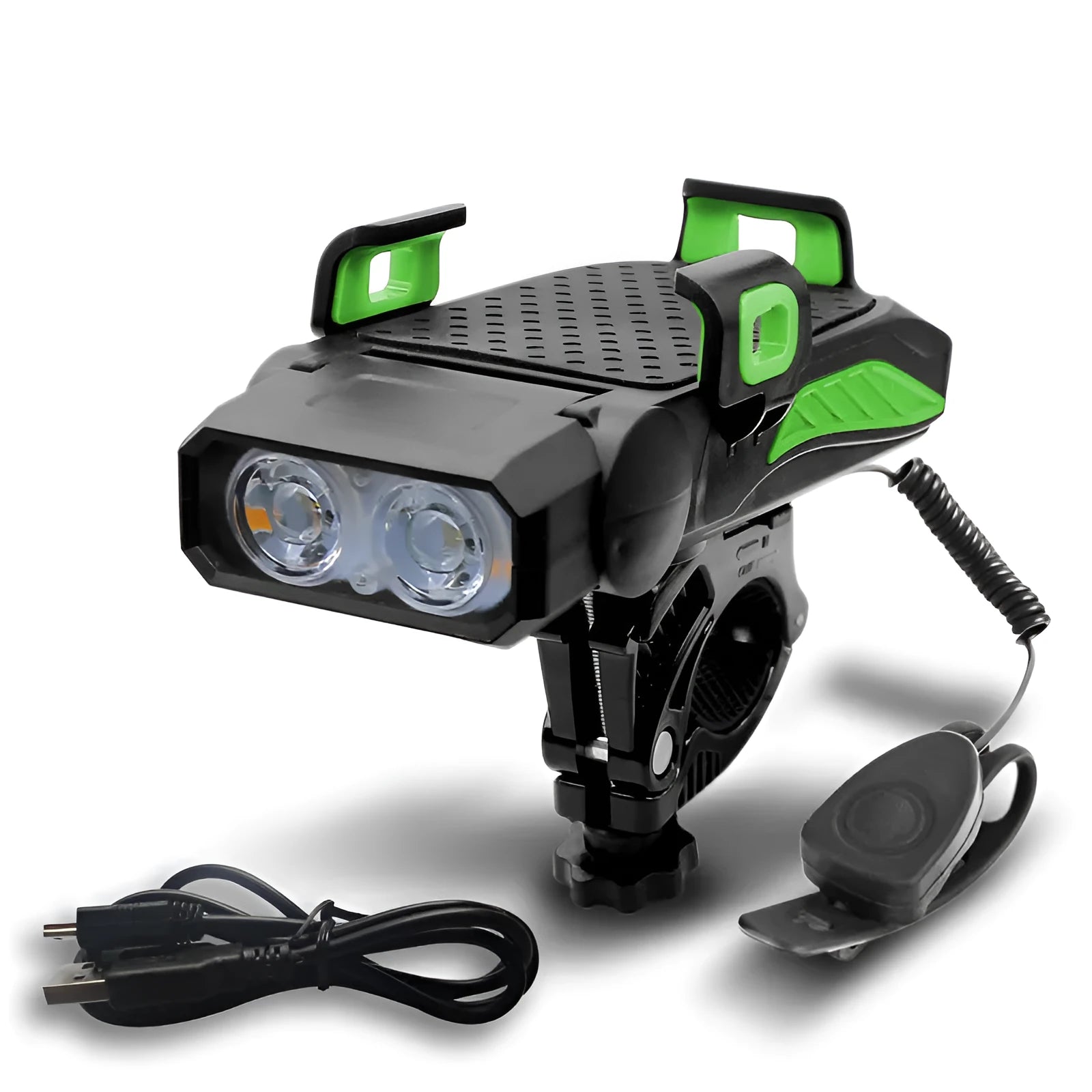 Rechargeable bicycle light in chosen colour, shown in single or double lamp style mounted on handlebars.