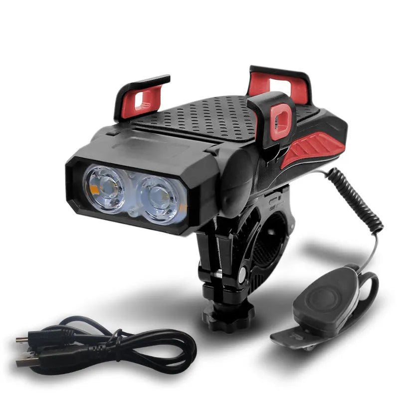 Rechargeable bicycle light in chosen colour, shown in single or double lamp style mounted on handlebars.
