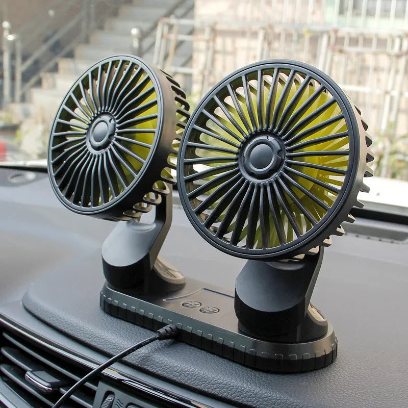 Black ABS car USB dual-head fan with 140cm cable, 5V 10W, three-speed short-press control, colour box 21x17.2x5.5cm
