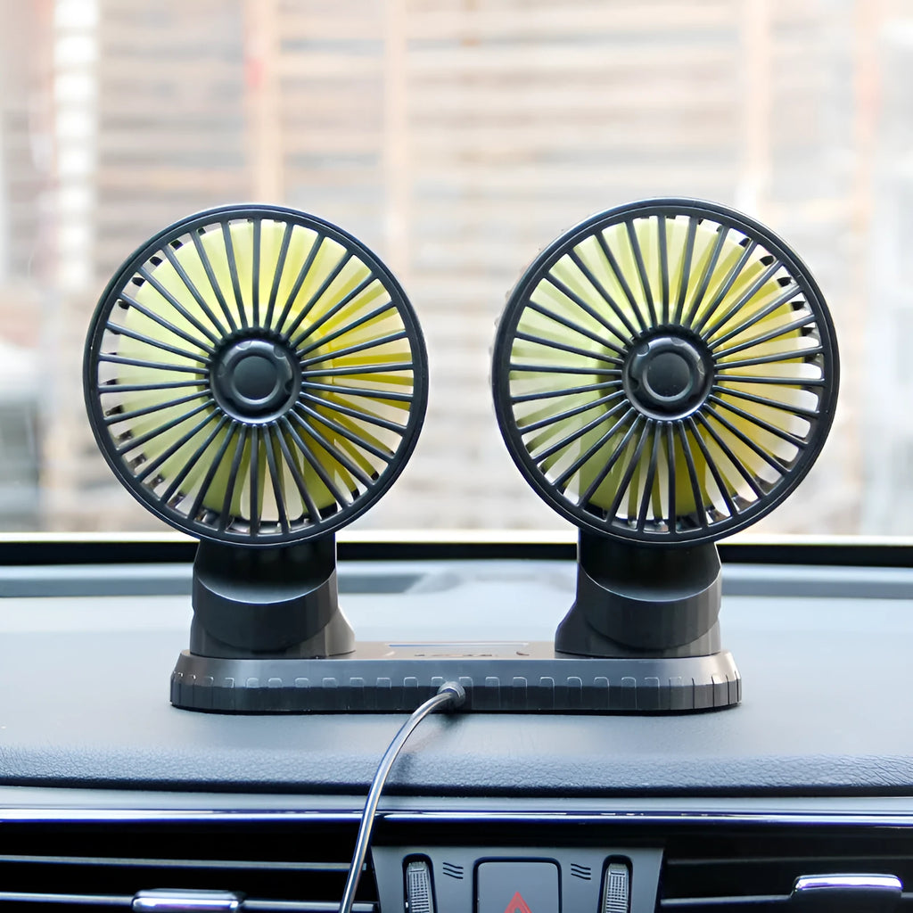 Black ABS car USB dual-head fan with 140cm cable, 5V 10W, three-speed short-press control, colour box 21x17.2x5.5cm