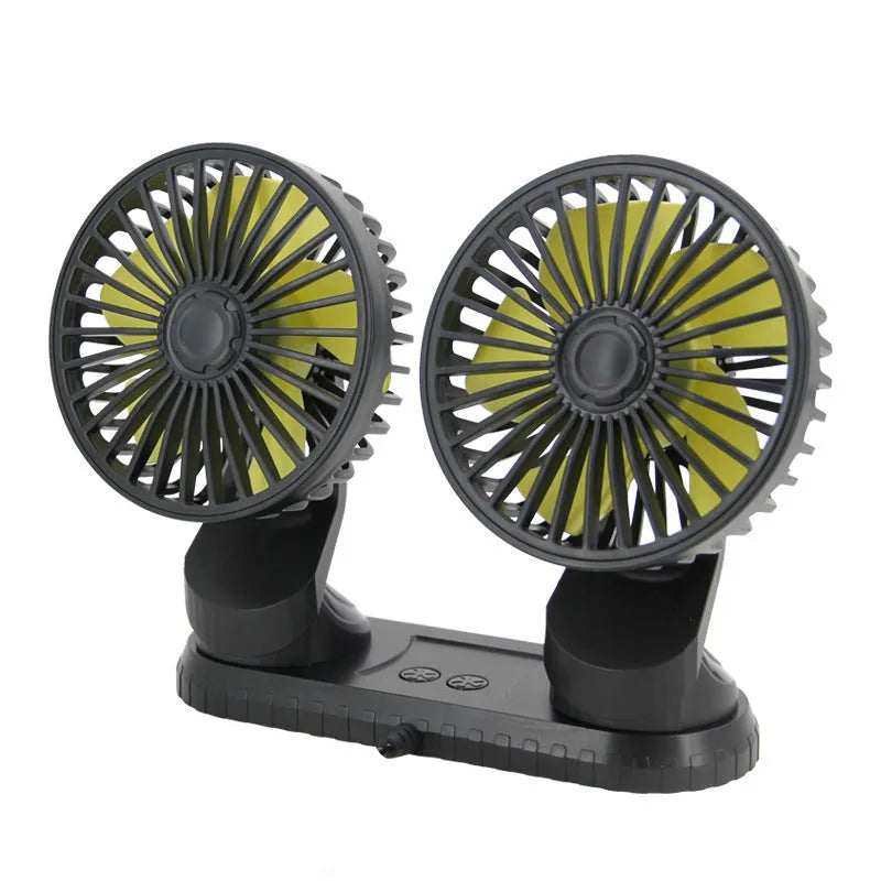 Black ABS car USB dual-head fan with 140cm cable, 5V 10W, three-speed short-press control, colour box 21x17.2x5.5cm