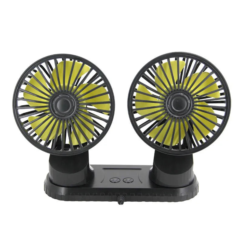 Black ABS car USB dual-head fan with 140cm cable, 5V 10W, three-speed short-press control, colour box 21x17.2x5.5cm