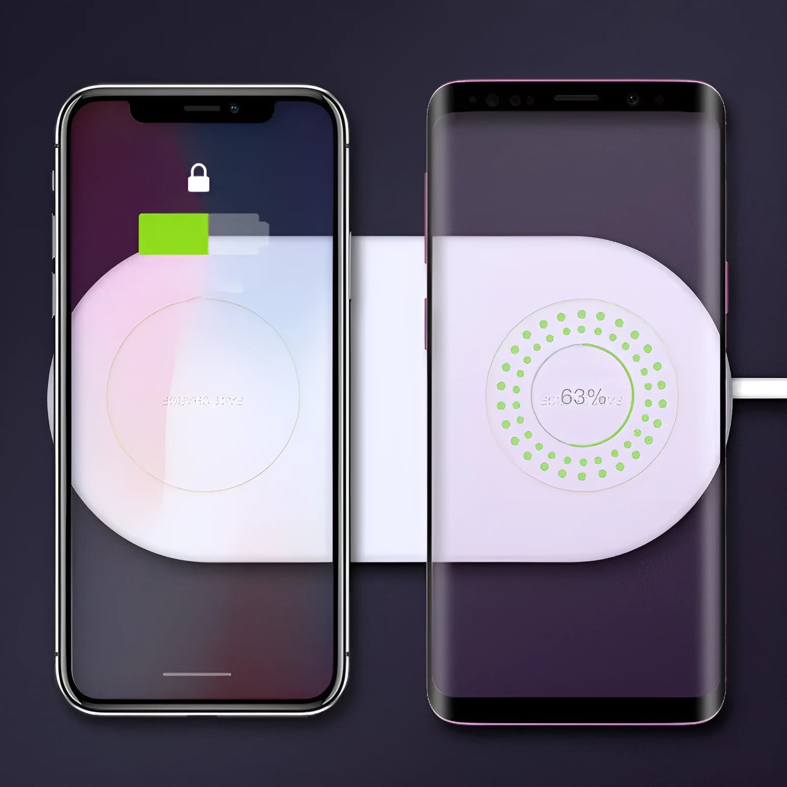 White dual wireless charging pad for two mobile phones on simple design