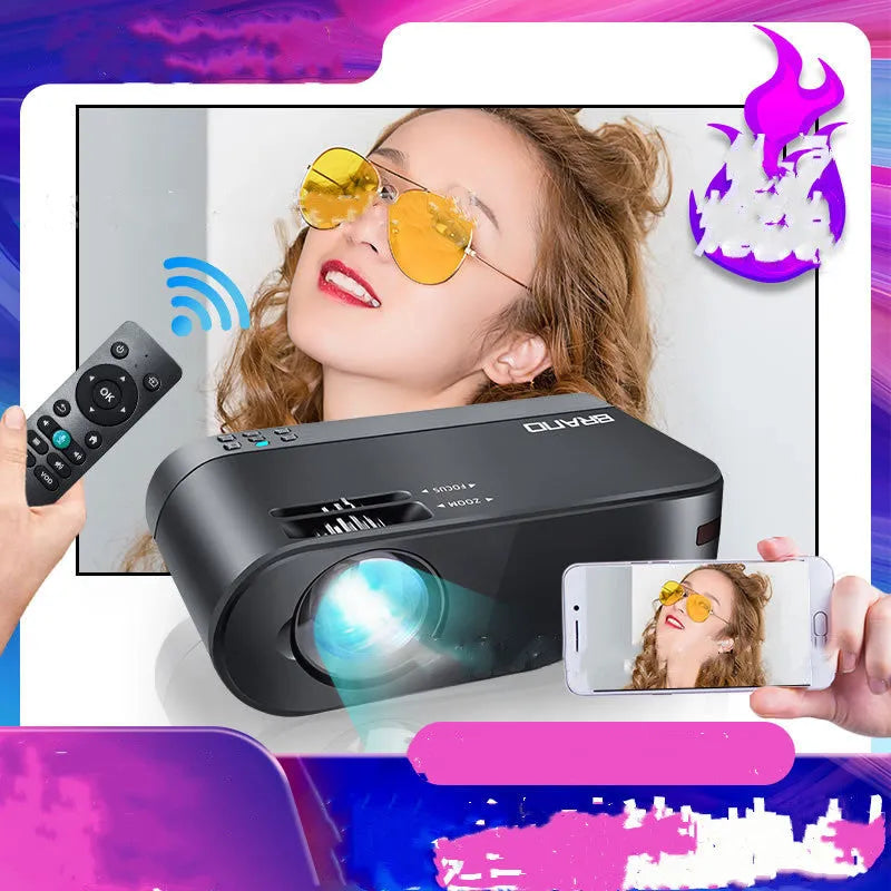 Portable white Android Wi-Fi projector with lens and ventilation grilles on a wooden surface.