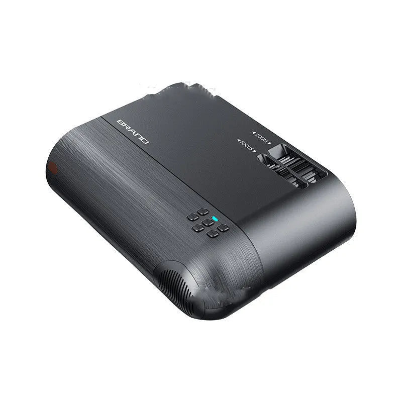 Portable white Android Wi-Fi projector with lens and ventilation grilles on a wooden surface.