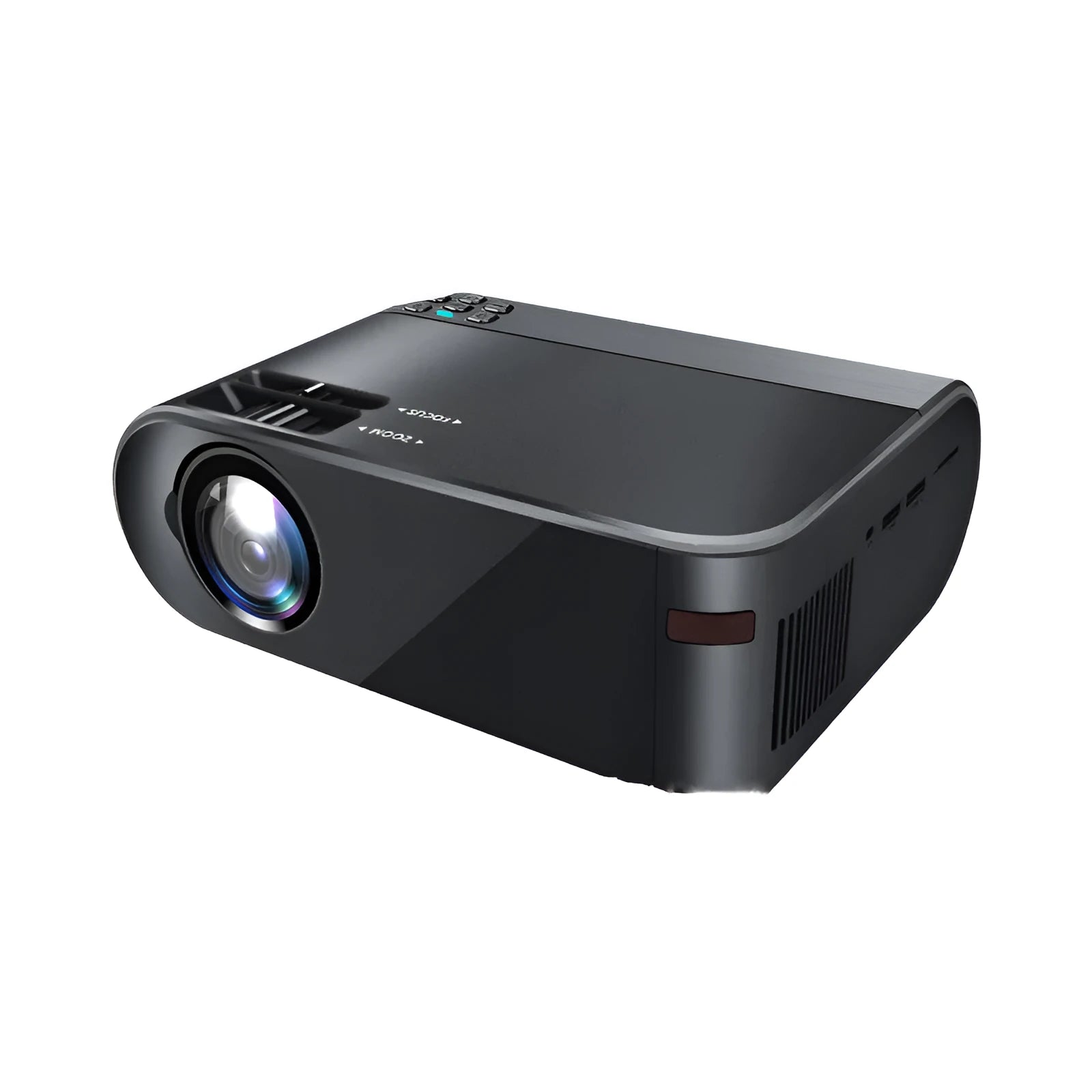 Portable white Android Wi-Fi projector with lens and ventilation grilles on a wooden surface.