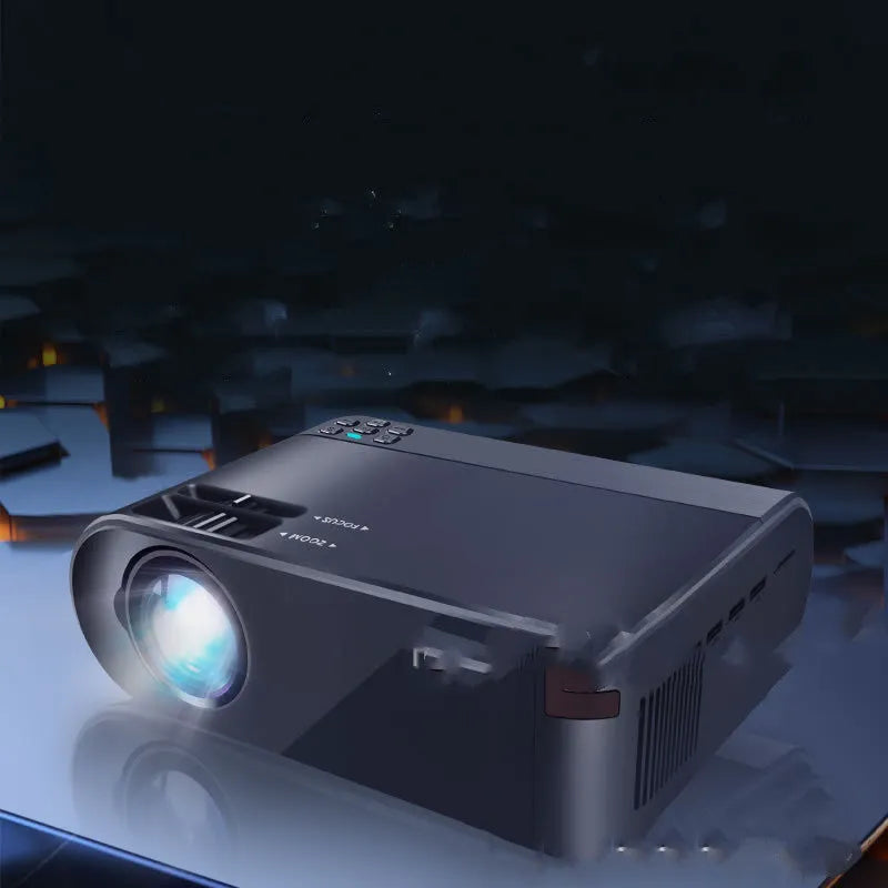 Portable white Android Wi-Fi projector with lens and ventilation grilles on a wooden surface.