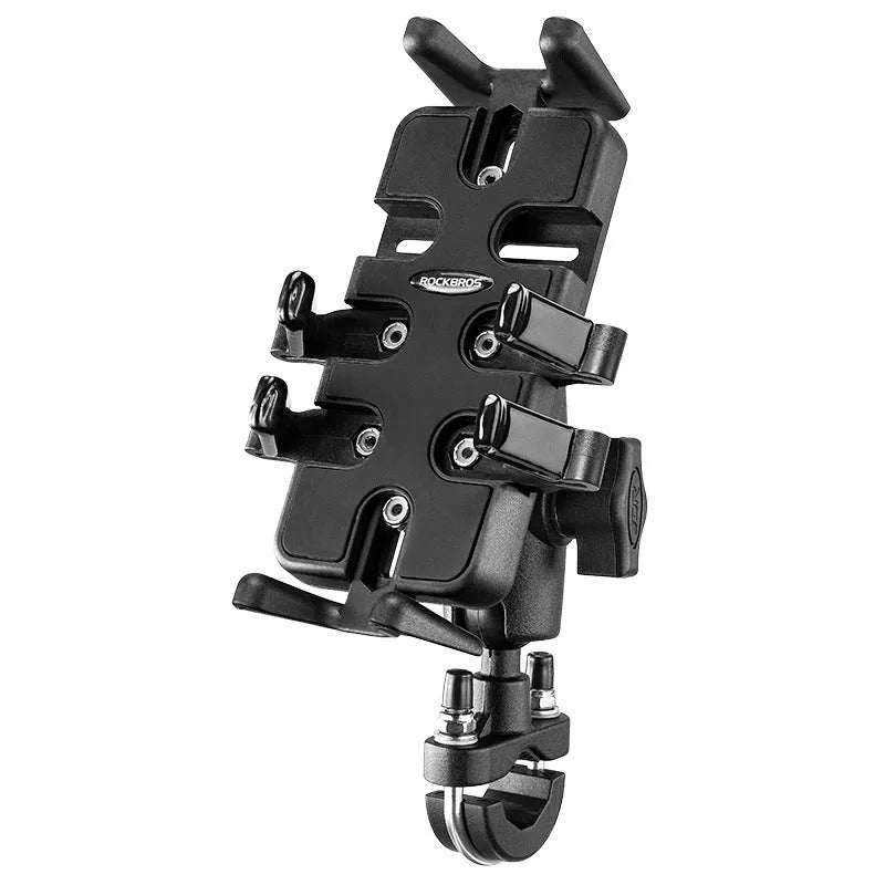 Black nylon universal phone mounting bracket for motorcycle and bicycle handlebars.