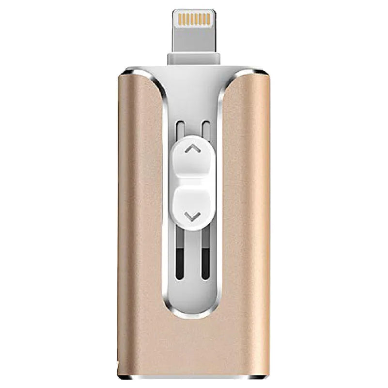 A metal USB flash drive with both a USB-A connector and an Apple Lightning connector.
