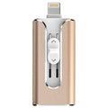 A metal USB flash drive with both a USB-A connector and an Apple Lightning connector.