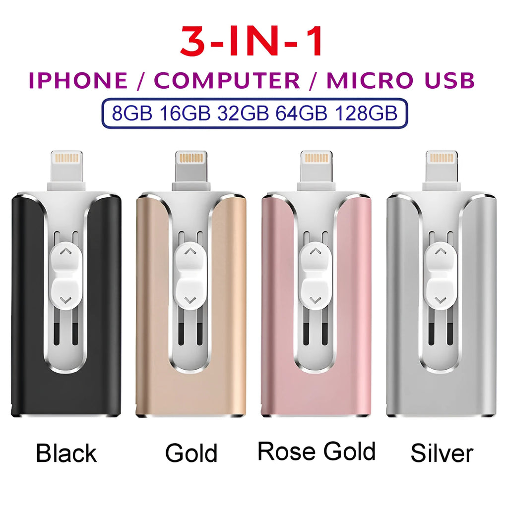 A metal USB flash drive with both a USB-A connector and an Apple Lightning connector.
