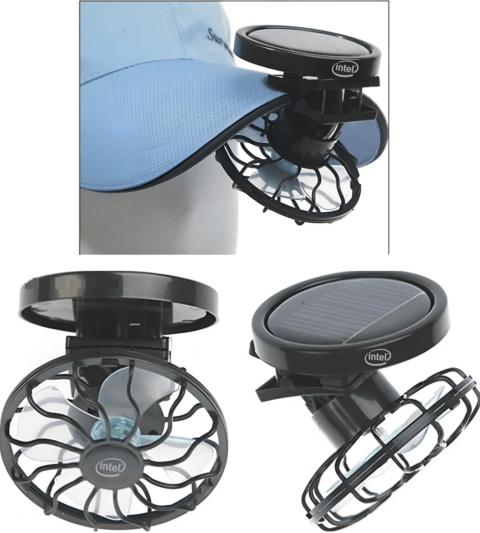 Black portable solar-powered clip fan with solar panel for outdoor cooling.