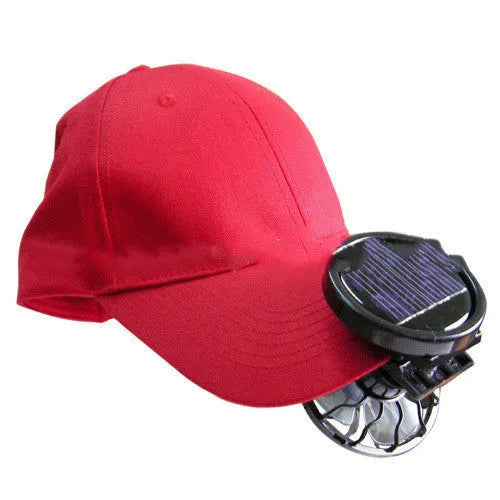 Black portable solar-powered clip fan with solar panel for outdoor cooling.