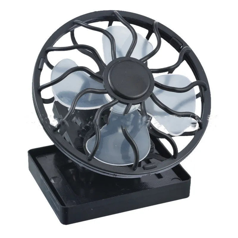 Black portable solar-powered clip fan with solar panel for outdoor cooling.