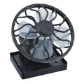 Black portable solar-powered clip fan with solar panel for outdoor cooling.