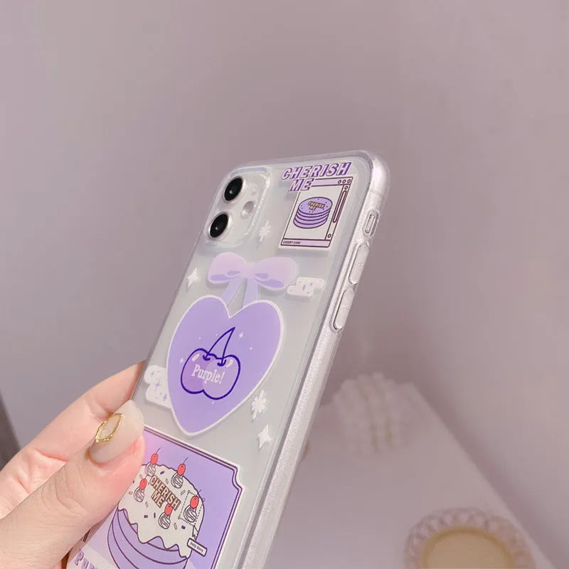Transparent purple love cherry iPhone TPU back cover for 11 Pro Max and other listed models