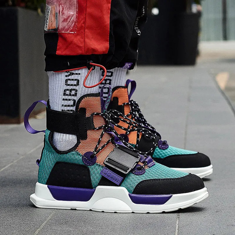 High-top hoverboard shoes mesh upper rubber sole colour block design black colourful gray pink unisex