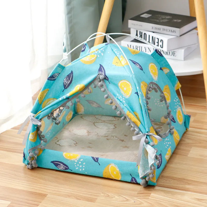 Enclosed cat tent pet bed in breathable waterproof cloth, available in S to XL and three colours