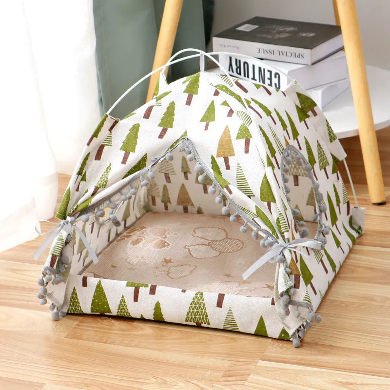Enclosed cat tent pet bed in breathable waterproof cloth, available in S to XL and three colours