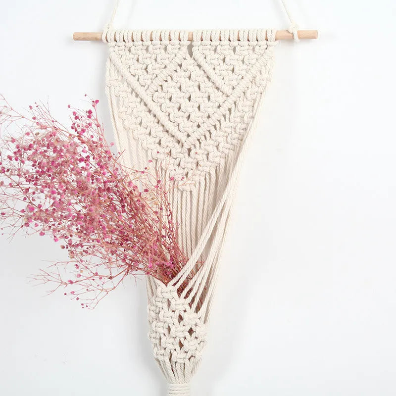 Hand-woven white cotton net bag wall decoration with grid pattern measuring 30x70 cm