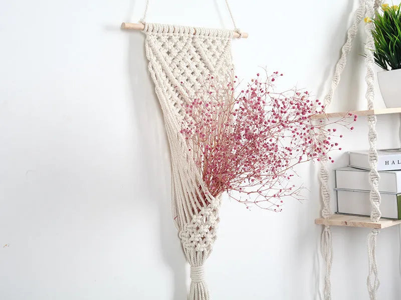 Hand-woven white cotton net bag wall decoration with grid pattern measuring 30x70 cm