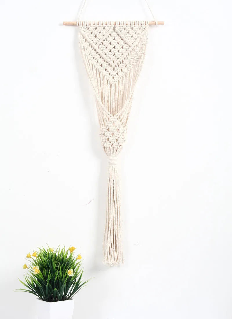 Hand-woven white cotton net bag wall decoration with grid pattern measuring 30x70 cm