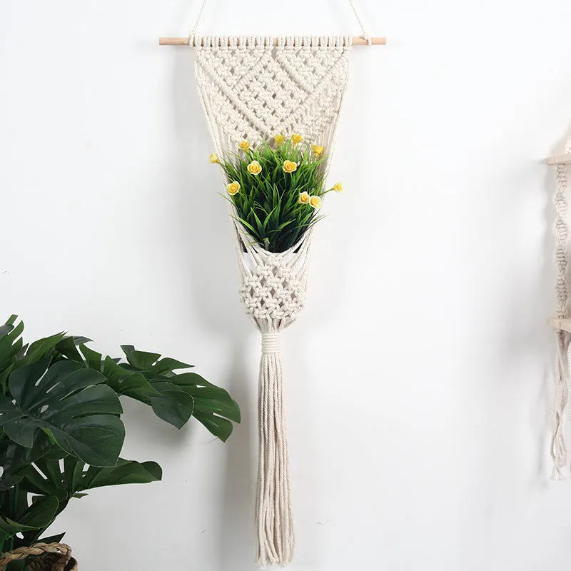 Hand-woven white cotton net bag wall decoration with grid pattern measuring 30x70 cm