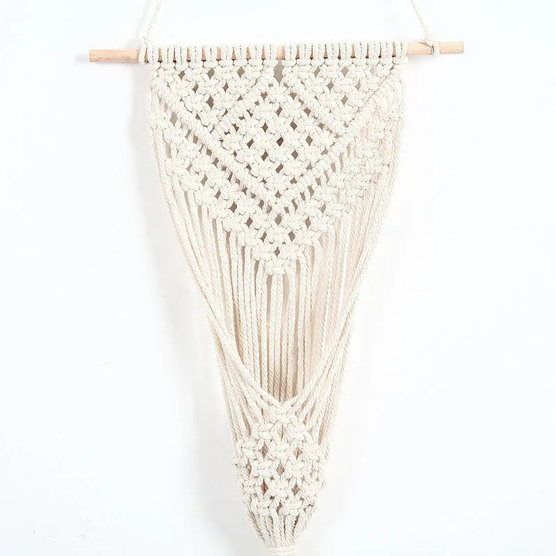 Hand-woven white cotton net bag wall decoration with grid pattern measuring 30x70 cm