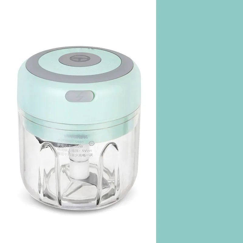 Mini electric garlic chopper with USB charging, stainless steel blade, and plastic cup