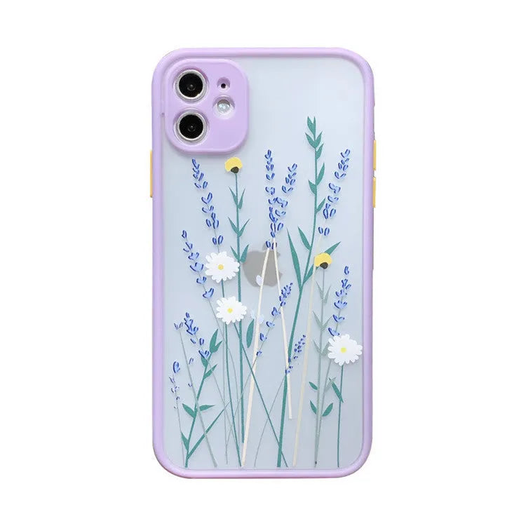 Matte pink lavender iPhone case with blue floral cartoon design and contrasting coloured frame.