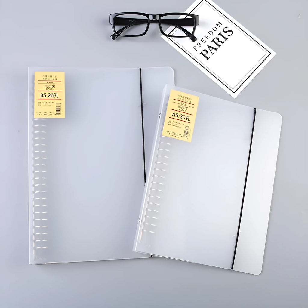 A5 26-hole binder notebook with PP matte cover showing two-ring binding mechanism and horizontal lined pages