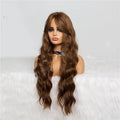Long wavy brown wig with bangs for cosplay and parties, synthetic high temperature wire hair