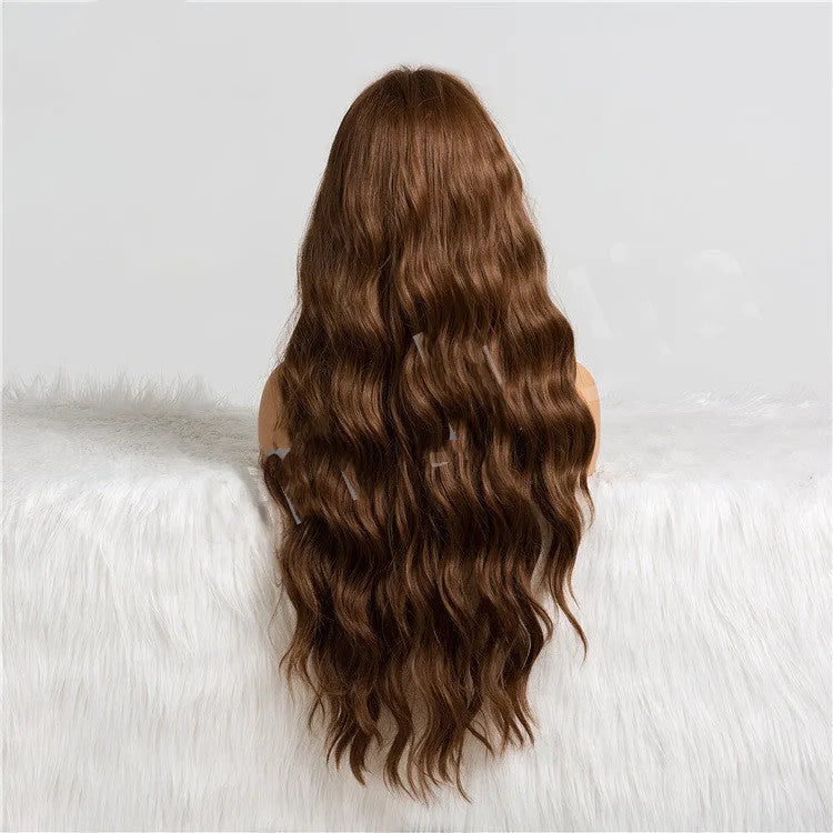 Long wavy brown wig with bangs for cosplay and parties, synthetic high temperature wire hair