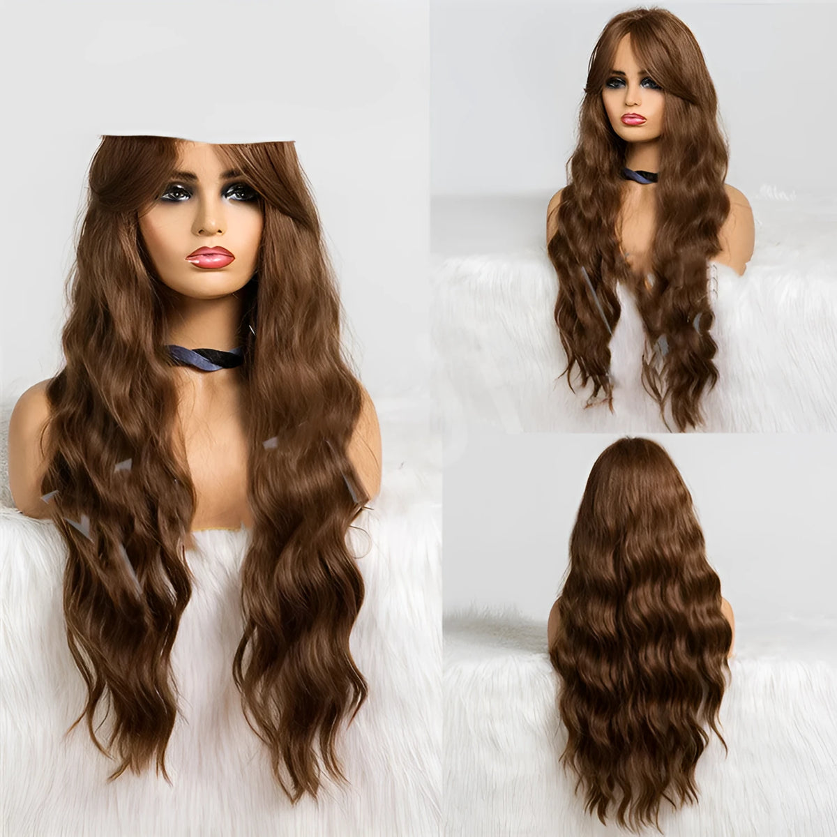 Long wavy brown wig with bangs for cosplay and parties, synthetic high temperature wire hair