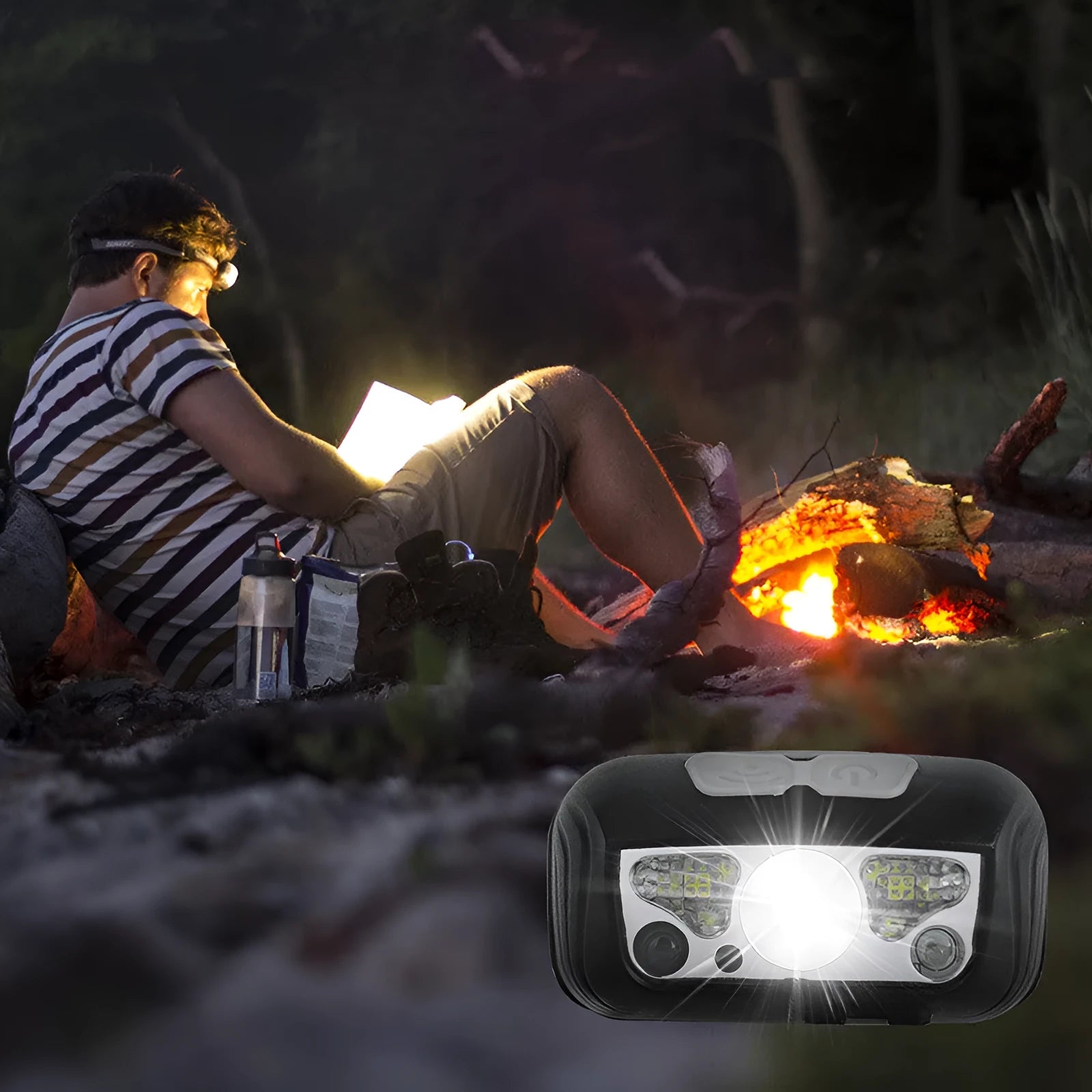 Black USB rechargeable sensor headlight with red LED safety light on adjustable strap.