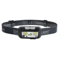 Black USB rechargeable sensor headlight with red LED safety light on adjustable strap.