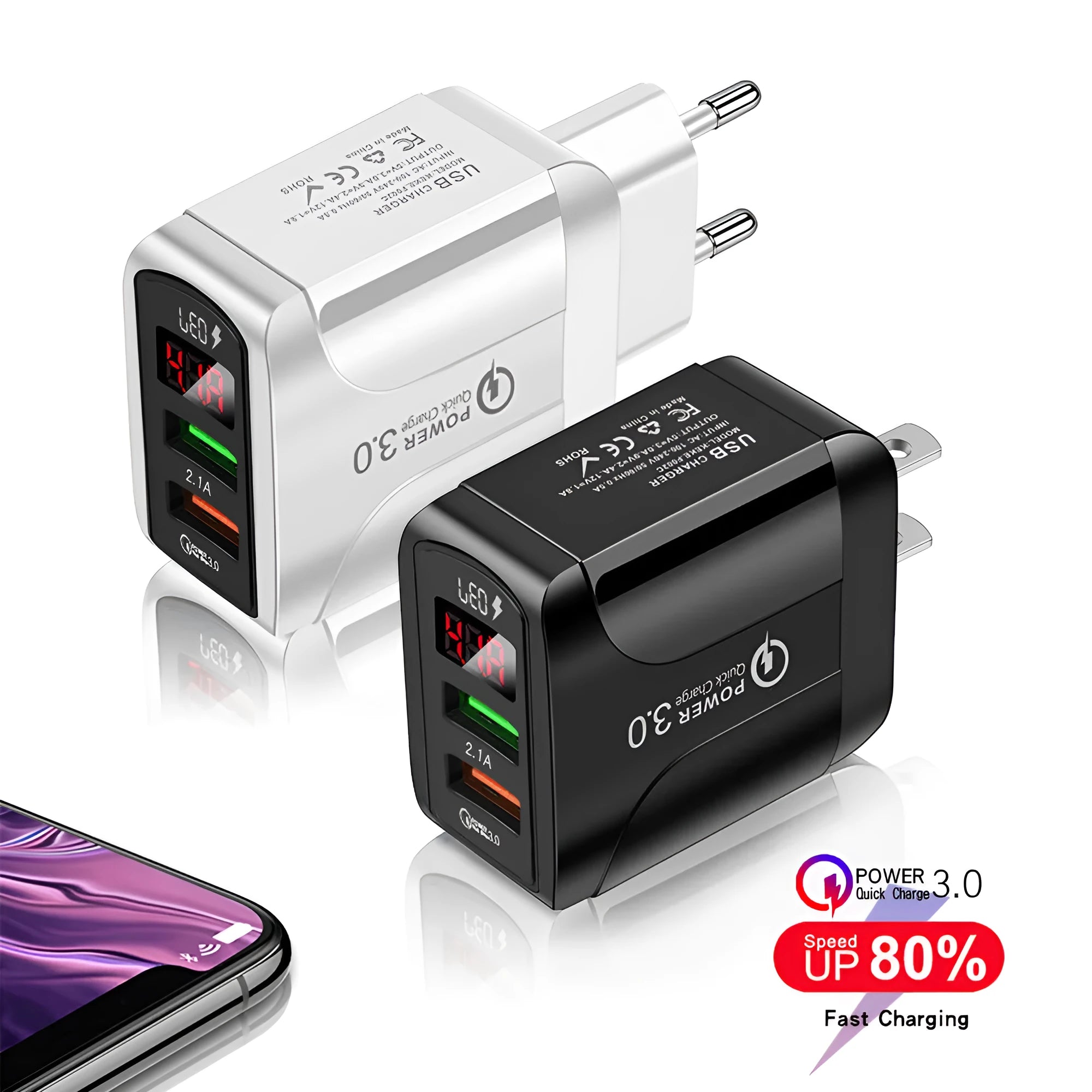 Butterfly digital display travel charger with EU, UK and US plug adaptors for smartphone charging