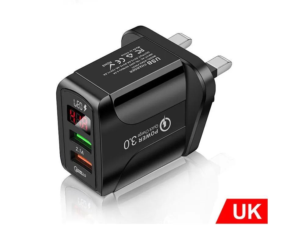 Butterfly digital display travel charger with EU, UK and US plug adaptors for smartphone charging
