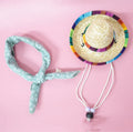 Pet summer straw hat and scarf set in pink plaid with 16cm bamboo rattan hat and 45cm cotton scarf