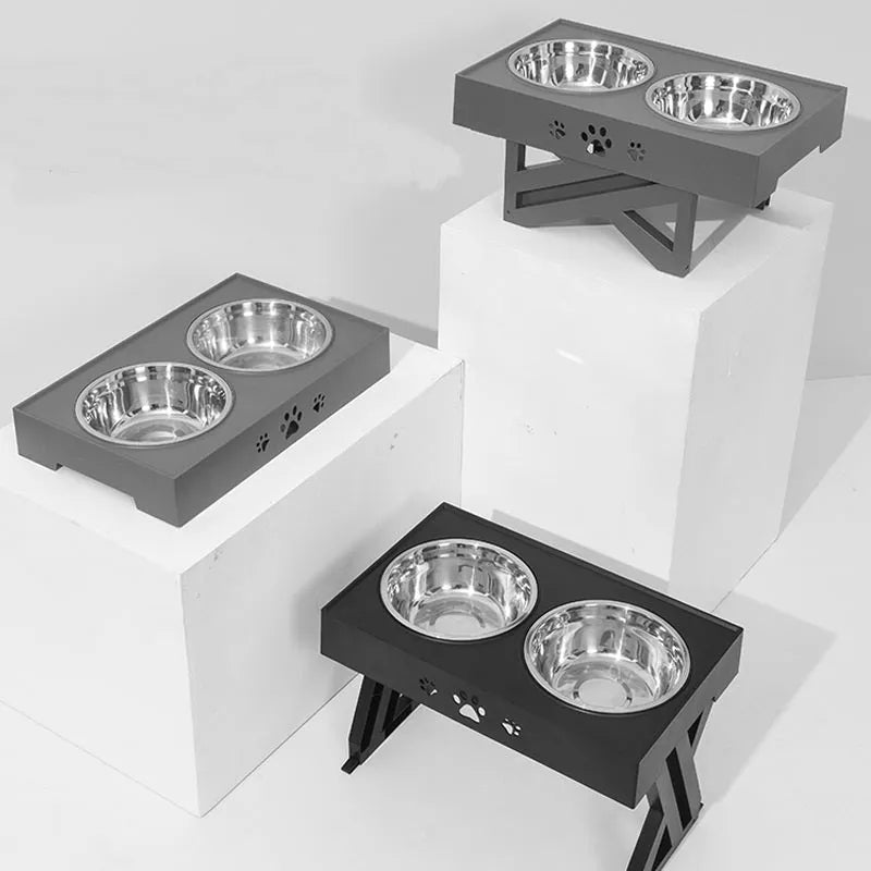 Adjustable height stainless steel dog food bowl with plastic base, maximum height 288mm, black and grey colour options